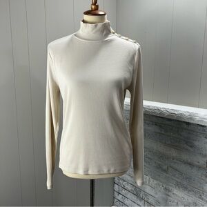 J. Crew Vintage Rib Turtleneck Gold Crest Button Shoulder Long Sleeve Top L